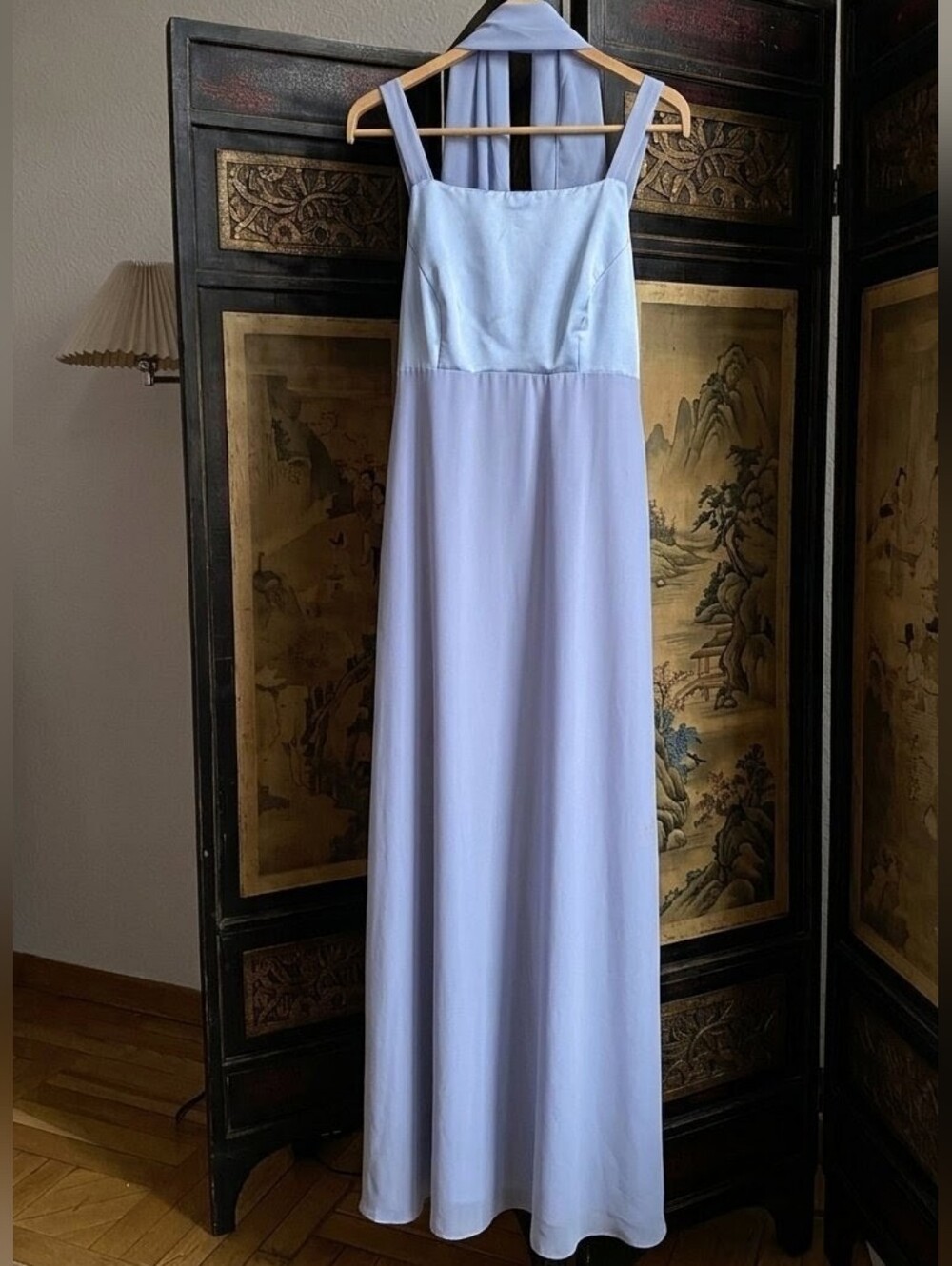 Vintage Night Way Collections Pale Blue Maxi Dress with Halter Scarf